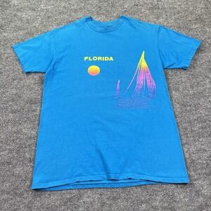Vintage 90s Florida T Shirt Size Large Blue Sailboat‎ Sunset Print Single Stitch